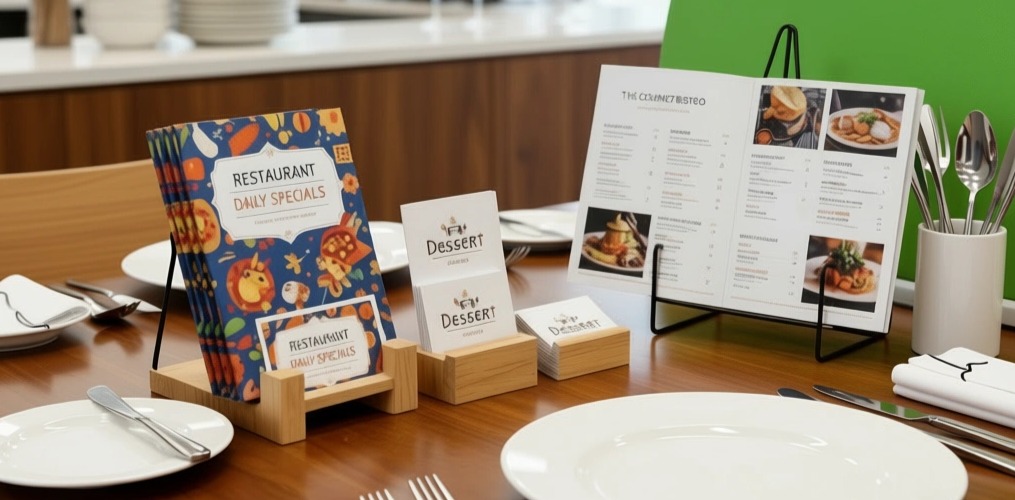 Custom printed restaurant menus and table tents on a dining table.