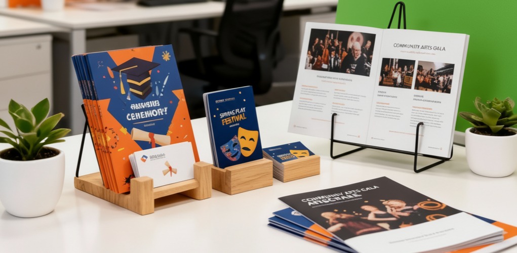 Display of custom printing graduation programs and playbills on a desk