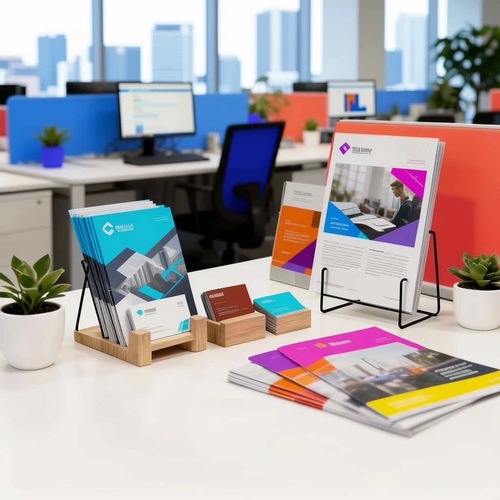 Marketing materials including brochures and business cards on a desk in a contemporary office.
